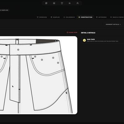 The construction view in Specter OS, with callouts marked on a denim jeans flat