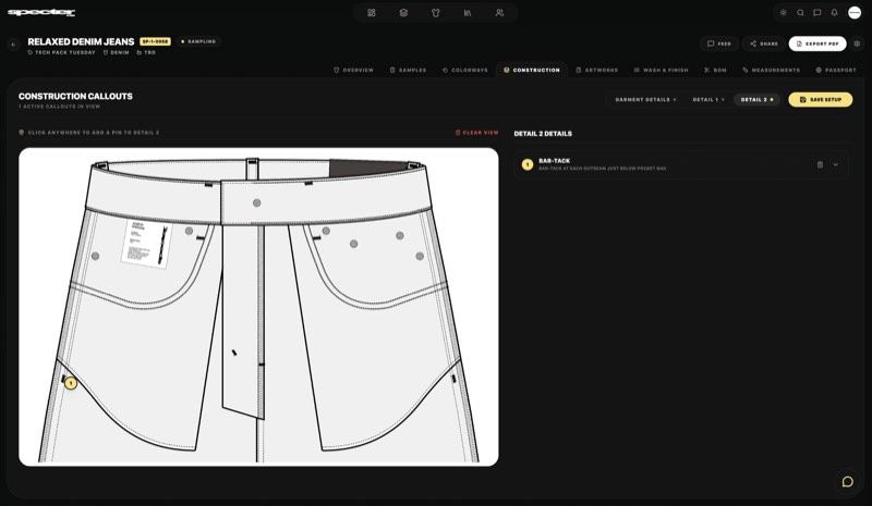 The construction view in Specter OS, with callouts marked on a denim jeans flat