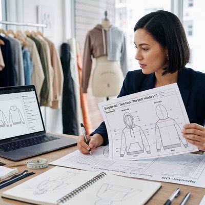 A designer at a studio desk comparing printed tech pack sheets against a laptop