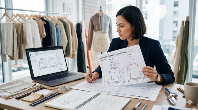 A designer at a studio desk comparing printed tech pack sheets against a laptop