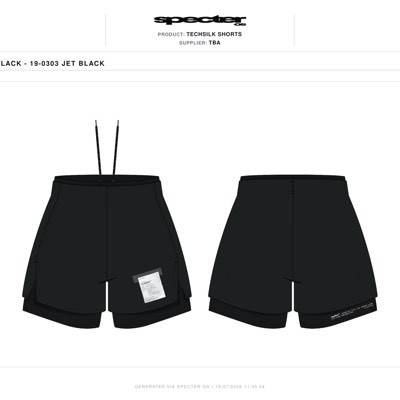 A Specter OS tech pack screen showing front and back flats of black training shorts