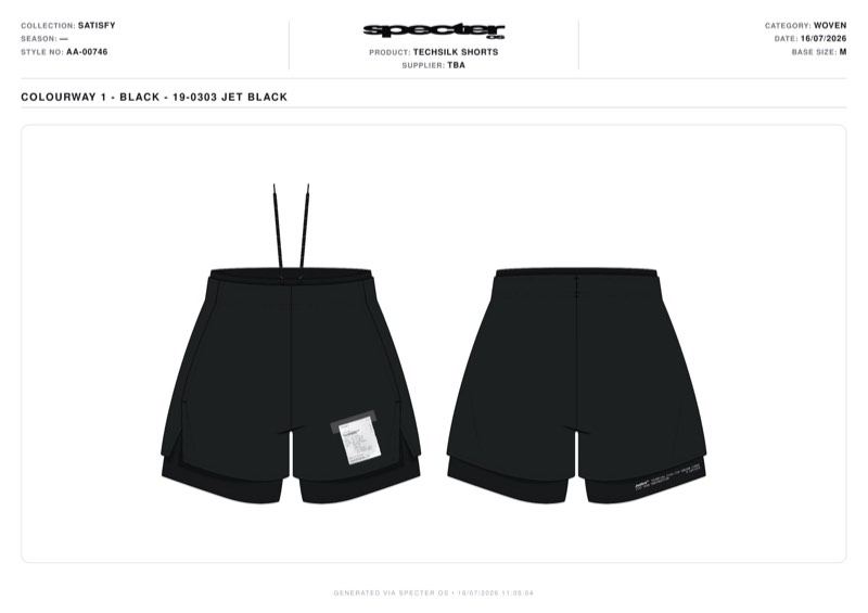 A Specter OS tech pack screen showing front and back flats of black training shorts