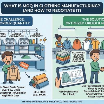 Infographic contrasting the cost of fixed-quantity minimum orders against an optimised order, and how a professional tech pack reduces MOQ risk