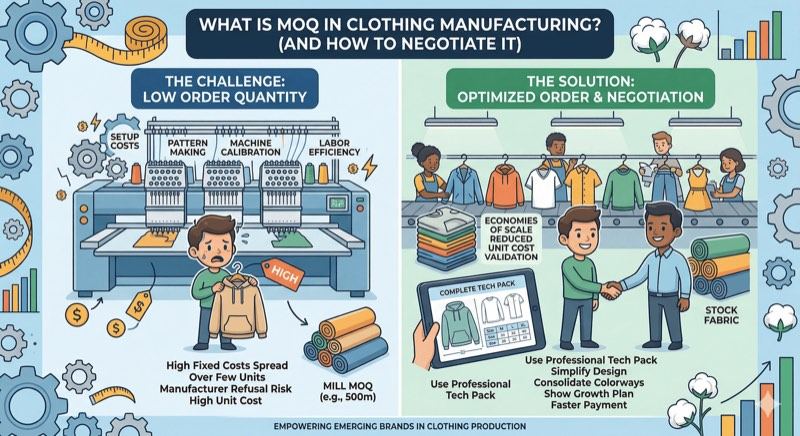 Infographic contrasting the cost of fixed-quantity minimum orders against an optimised order, and how a professional tech pack reduces MOQ risk